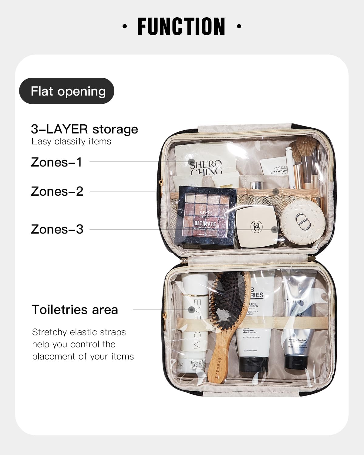 EACHY Toiletry Bag with Hanging Hook, Travel Makeup Bag PU Leather Cosmetic Bags for Women Make Up Organizer with 4 Compartments Waterproof Full-Size Portable Travel Essentials (Beige)