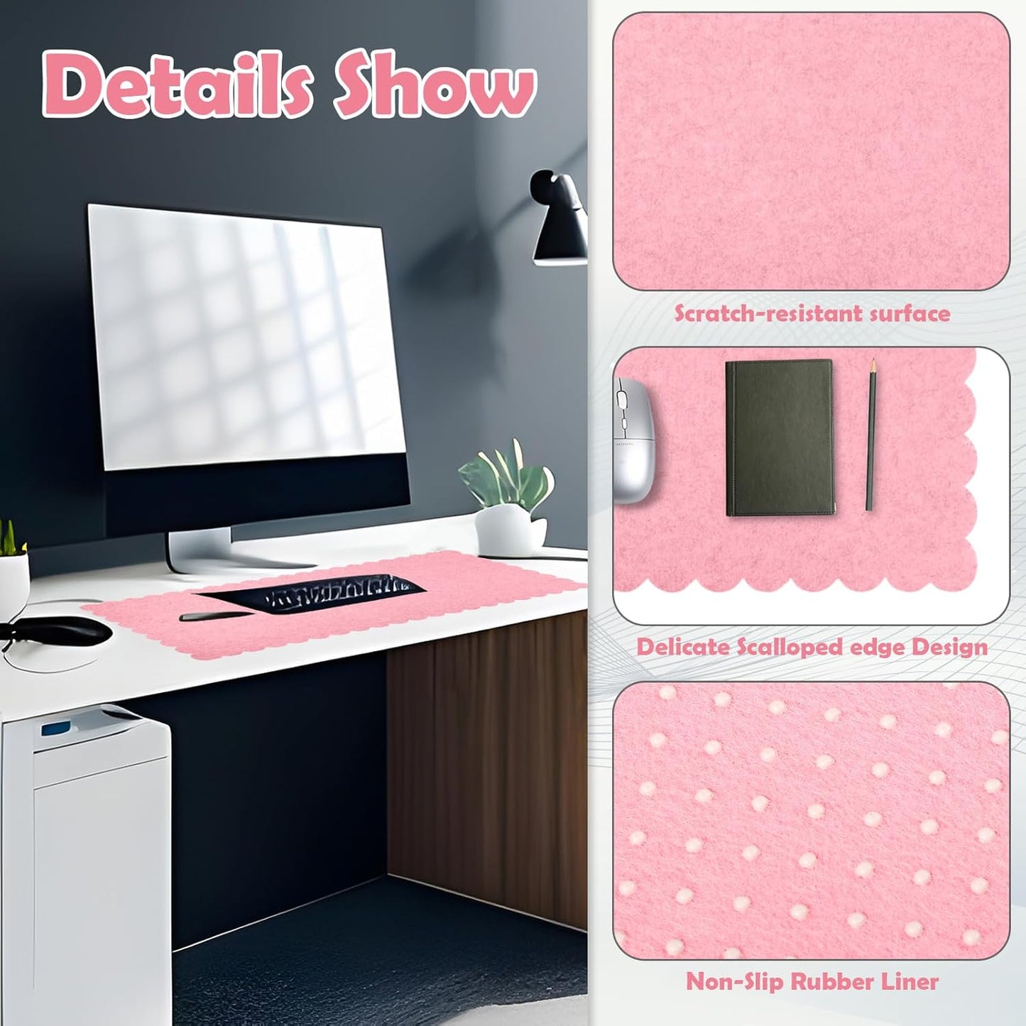 Copkim 35 x 16.5 Inch Felt Desk Mat with Scalloped Edges, Large Felt Mouse Pad Non Slip Scalloped Computer Laptop Desktop Pad for Keyboard and Mouse Home Office(Gray)