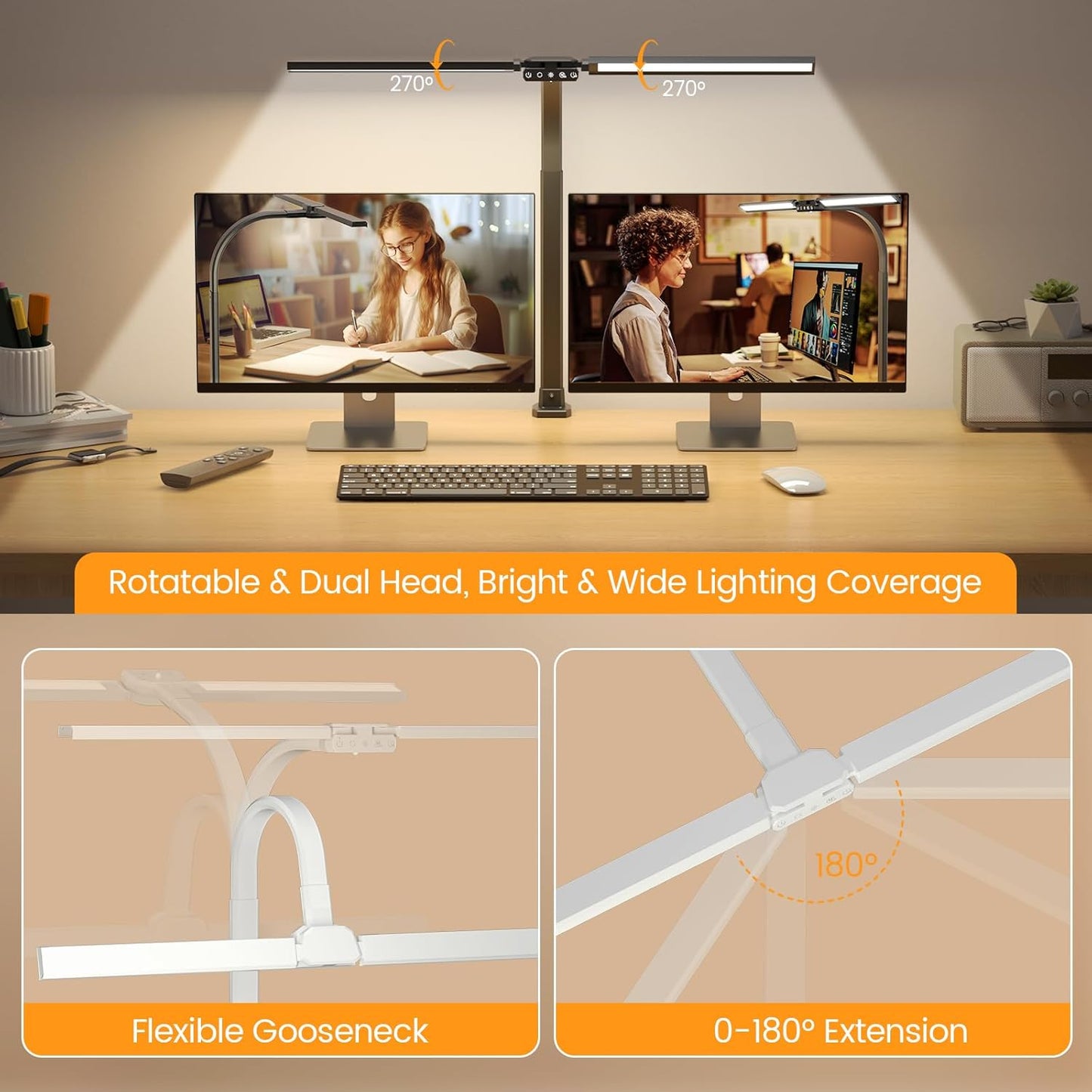SIBRILLE LED Desk Lamp for Home Office - Dimmable Computer Desk Light with Clamp, Modern Architect Task Lamp with Color Changing, Flexible Desktop Lamp with Gooseneck for Monitor, Double Head, White