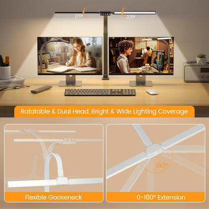 SIBRILLE LED Desk Lamp for Home Office - Dimmable Computer Desk Light with Clamp, Modern Architect Task Lamp with Color Changing, Flexible Desktop Lamp with Gooseneck for Monitor, Double Head, White