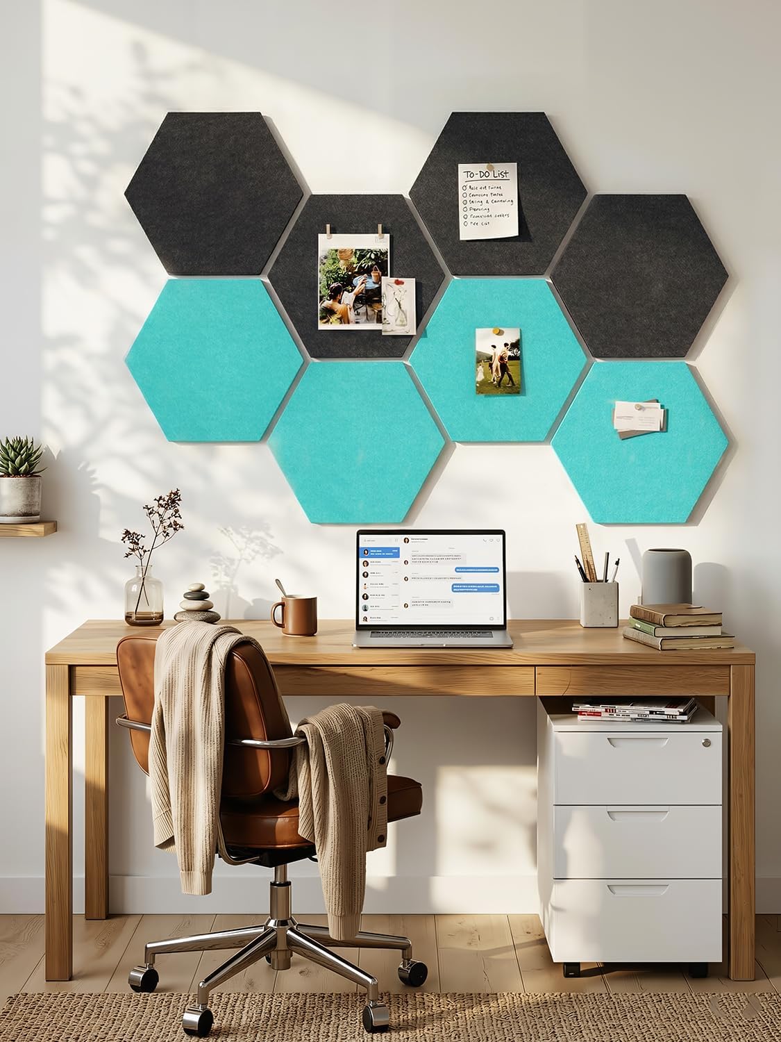 8 Pack Hexagon Felt Bulletin Board Tiles - 12" Large Thick Pin Board for Walls with 30 Push Pins, DIY Boards for Office Home School Decor, Aesthetic Hex Cork Board Alternative