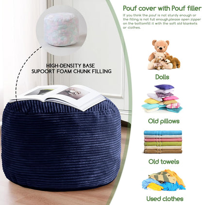 HIGOGOGO Round Stuffed Pouf Ottoman, Corduroy Poufs with Foam Chunk Filling, Furry and Fluffy Pouf Foot Stool Storage Ottoman, 20 X 15 Floor Poufs Foot Rest for Living Room, Dark Grey