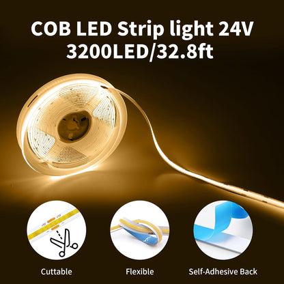 32.8FT/10M Blue COB LED Strip Light, 3200LEDS LED Tape Lights, High Bright CRI93+ Flexible Dimmable Light Strip for Bedroom TV Backlight Monitor Gaming Room Bar Decor(with Plug)