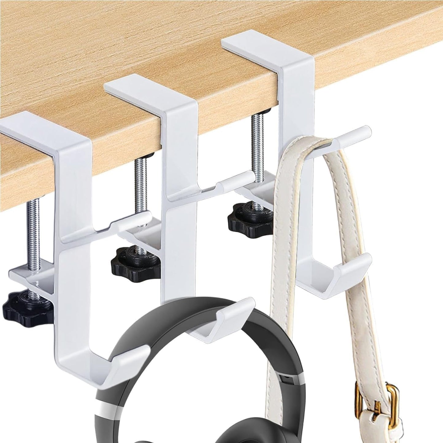 2Pcs Clamp-On Under Desk Headphone Holder Backpack Hook Students' Desk Hook with Adjustable Arm Clamp Women's Bag Handbag and Purse Holder - Suitable for Plate Between 1-5cm / 0.4-1.96” - Black