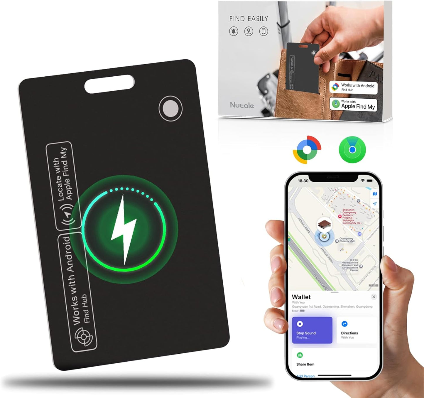 Thin Wallet Tracker Card, Find My or Google'S Find Hub App, Dual System Both iOS and Android Tracker Card, Item Finder for Luggage Passports, Phone,IP68 (1-Black)