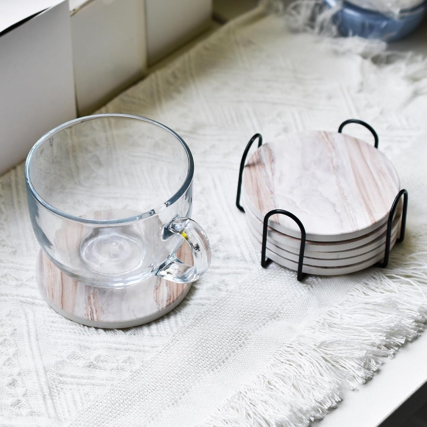 6Pcs Drink Coasters with Holder, Marble Style Ceramic Drink Coaster, Absorbent Coasters Set Suitable for Kinds of Cups, Modern Style Coaster for Coffee Table, 4 Inches