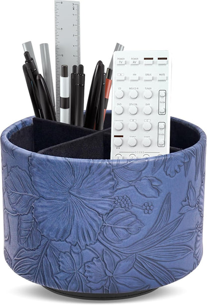 Round Leather Art Supply Organizer,Remote Control Holder,360 Degree Rotating,Multi-Functional Pencil Holder,4 Compartments Desktop Stationary Organizer(1-Fractal Flower) | Round - Colors B