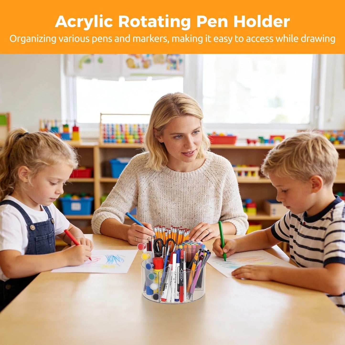 OMISTAR Acrylic Rotating Pen Holder, 5.1 x 7.5 in Desk Organizer With 6 Compartments, 360° Art Supply Storage Caddy, Portable Clear Pencil Organizer for Home and Office