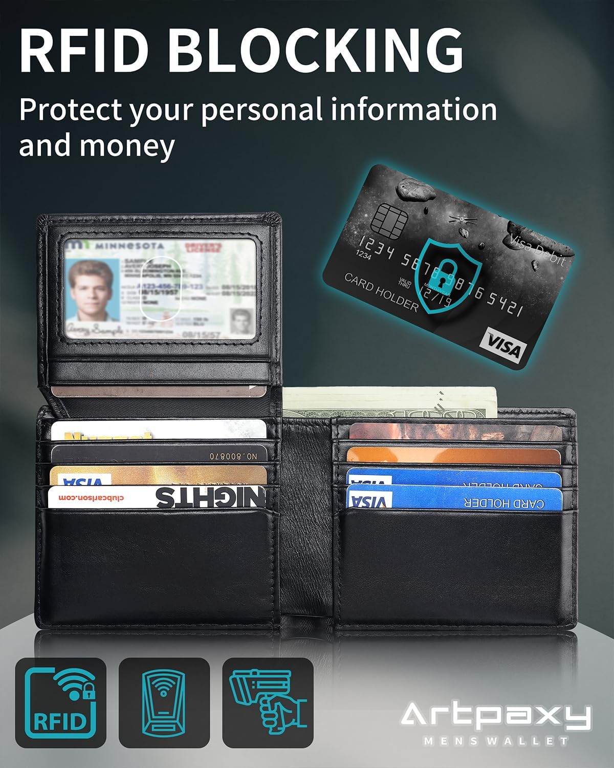 Mens Wallet With AirTag Holder, Bifold Leather RFID Blocking 1-2 ID Windows 12-13 Card Holders, Gift Box and Screen Protector Included, AirTag Not Included