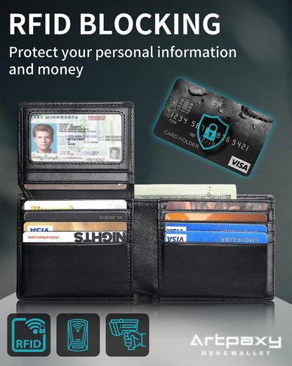 Mens Wallet With AirTag Holder, Bifold Leather RFID Blocking 1-2 ID Windows 12-13 Card Holders, Gift Box and Screen Protector Included, AirTag Not Included