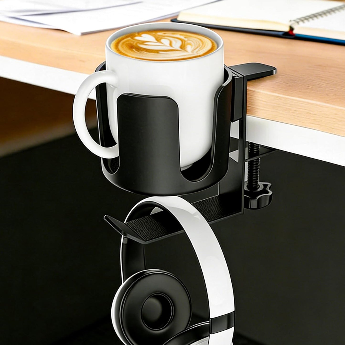 Desk Cup Holder Clip On 360° Rotating Clamp,Deeper Anti-Spill Drink Holders for Water Bottles & Coffee Mugs,Adjustable Clamp Fits Screw On Table for Drinks,Office,Gaming Desk,Home,Black