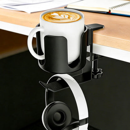 Desk Cup Holder Clip On 360° Rotating Clamp,Deeper Anti-Spill Drink Holders for Water Bottles & Coffee Mugs,Adjustable Clamp Fits Screw On Table for Drinks,Office,Gaming Desk,Home,Black