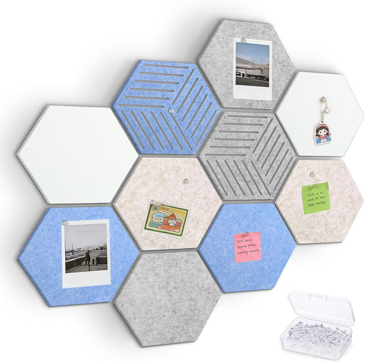 Thboxes 10 Pack Hexagon Cork Board, 12" x 10" Self-Adhesive Felt Bulletin Board Tiles with 40 Pushpins, Pin Boards for Wall Decor Home Office School DIY Display Boards for Photos (Camel Color Theme)