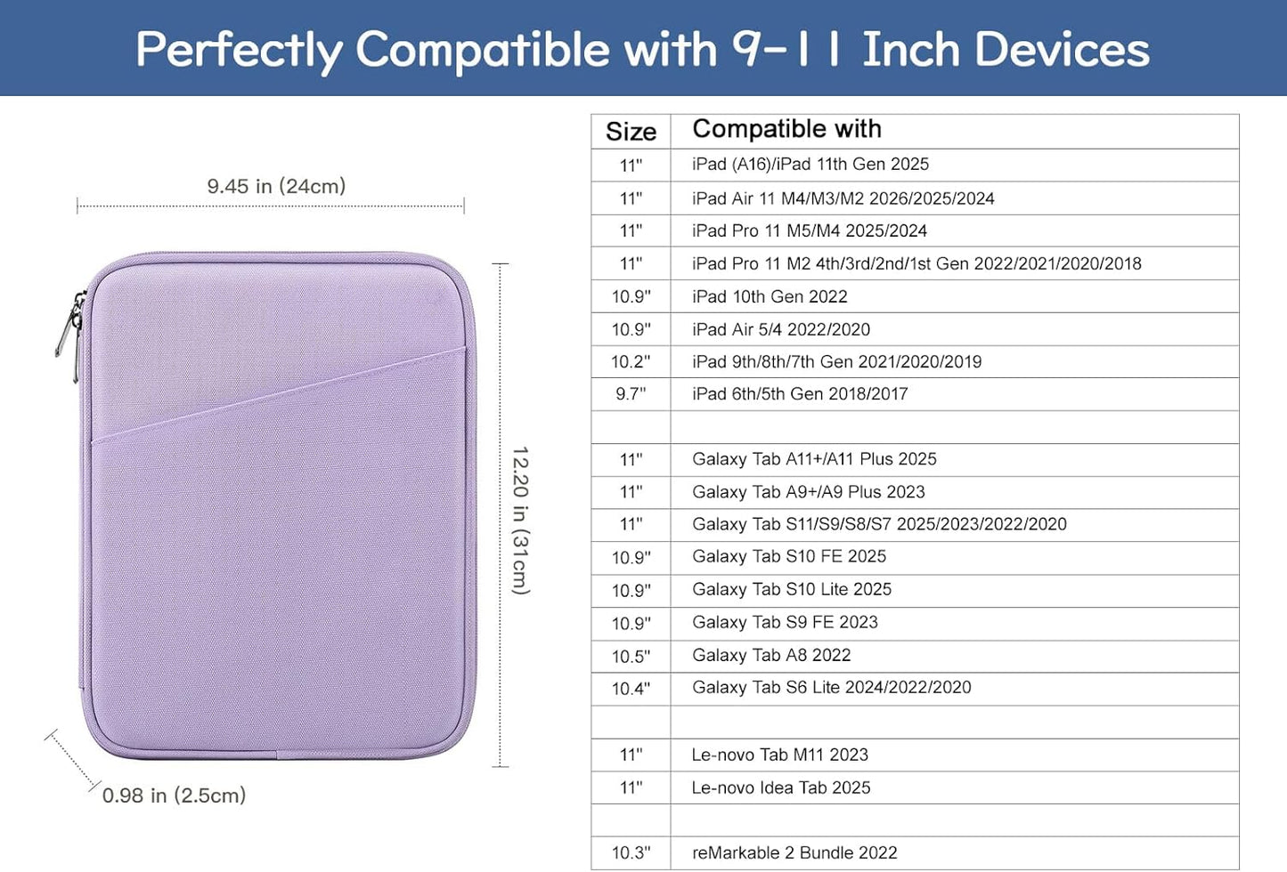 Dadanism 9-11" Tablet Sleeve Bag Carrying Case for iPad (A16) 11th Gen 11", iPad 10th Gen 10.9" Air 5/4, iPad Air M4/Pro 11", iPad 9/8/7th, Galaxy Tab A11+ Plus 11", Remarkable 2 10.3", Black