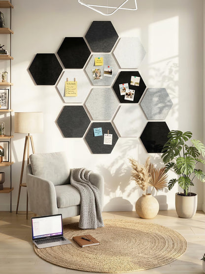 8 Pack Hexagon Felt Bulletin Board Tiles - 12" Large Thick Pin Board for Walls with 30 Push Pins, DIY Boards for Office Home School Decor, Aesthetic Hex Cork Board Alternative