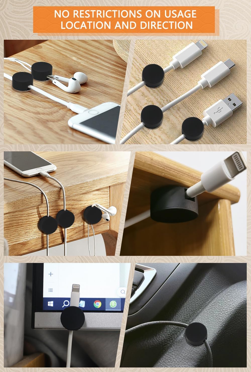 Maveek Magnetic Cord Clips Black, Silicone Cord Organizer Magnet Cable Holder Charging Cable Management Cord Keeper with Adhesive Metal Disc (5 Piece, Large Size)