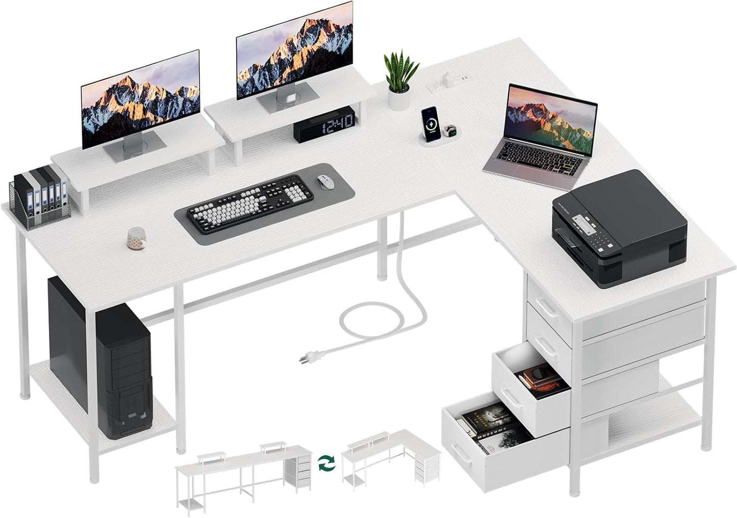 Korfile 59 inch L Shaped Computer Desk with Power Outlets, Home Office Desk with 4 Adjustable Storage Drawers & 2 Monitor Stands, Two Person Gaming Table for Bedroom, Black