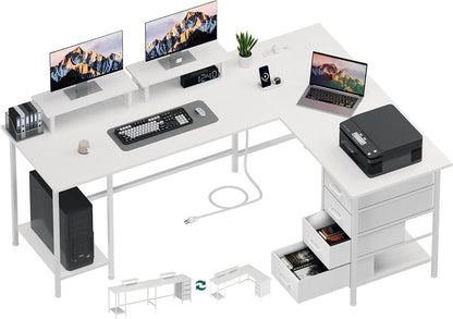 Korfile 59 inch L Shaped Computer Desk with Power Outlets, Home Office Desk with 4 Adjustable Storage Drawers & 2 Monitor Stands, Two Person Gaming Table for Bedroom, Black