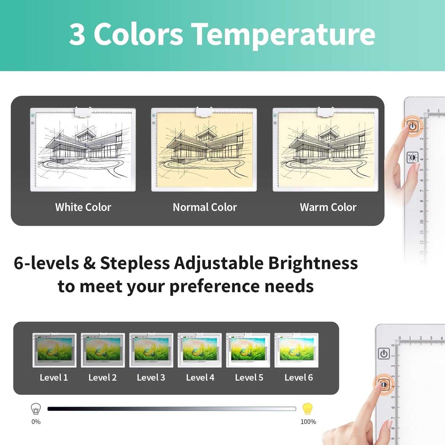 Rechargeable A4 Light Pad - Stepless Dimmable 6 Levels Brightness Tracing Light Box, Diamond Painting Light Board with Top Clip, Battery Powered Portable Light Pad for Weeding Vinyl Tracing