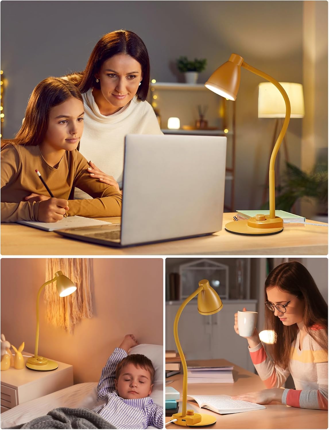 BOHON LED Desk Lamp with USB Charging Port, 3 Color Modes Dimmable Reading Lamp, Auto Dimming Task Lamp, Flexible Neck Table Light for Dorm Bedside, Adapter Include, White