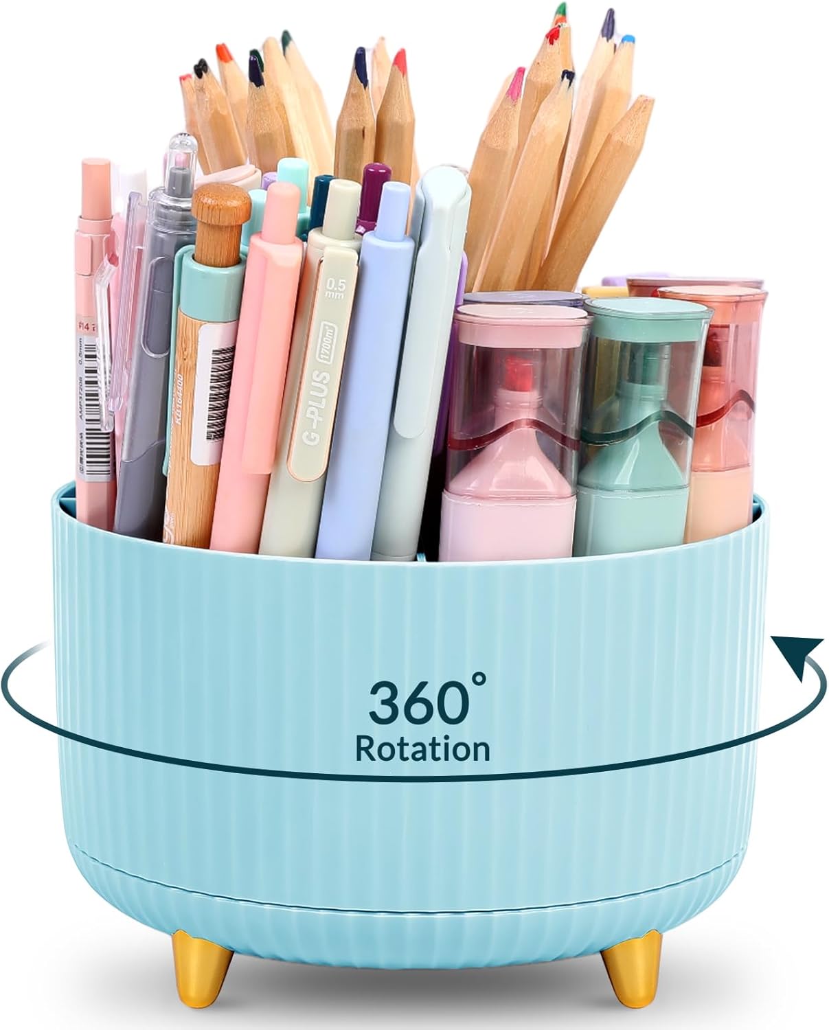 KONVINIT Pencil Pen Holder for Desk, 5 Slots 360 - Degree Rotating Desktop Organizer, Cute Desk Organizers and Accessories for School, Home, Office and Art Supply, Black