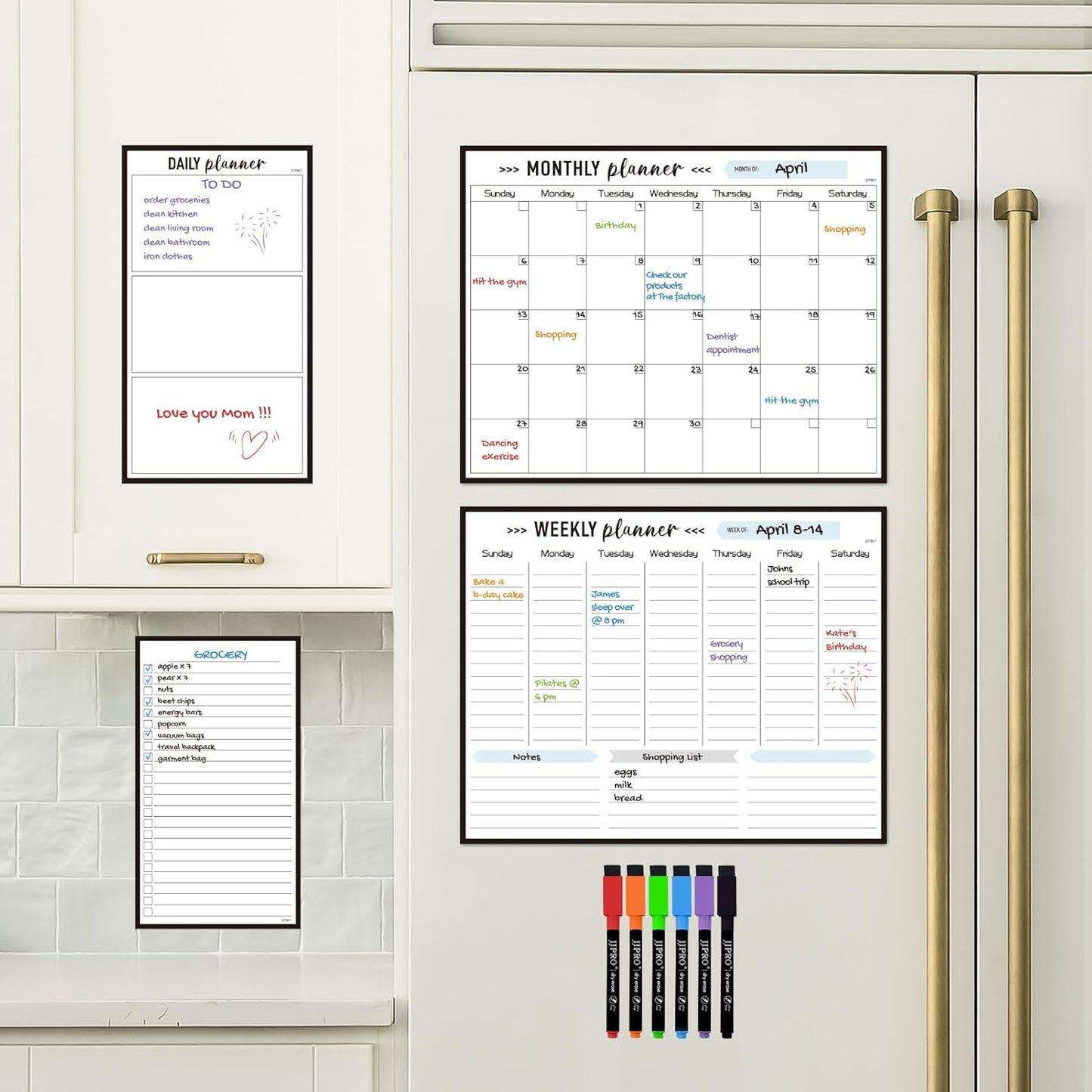 JJPRO Non-Magnetic Dry Erase Weekly Calendar for Fridge,Reusable Weekly Meal Planner and to Do List Whiteboard Bundle-Starts Monday,8.5"x12" Reusable Calendars Stick to Wall, All Smooth Surfaces