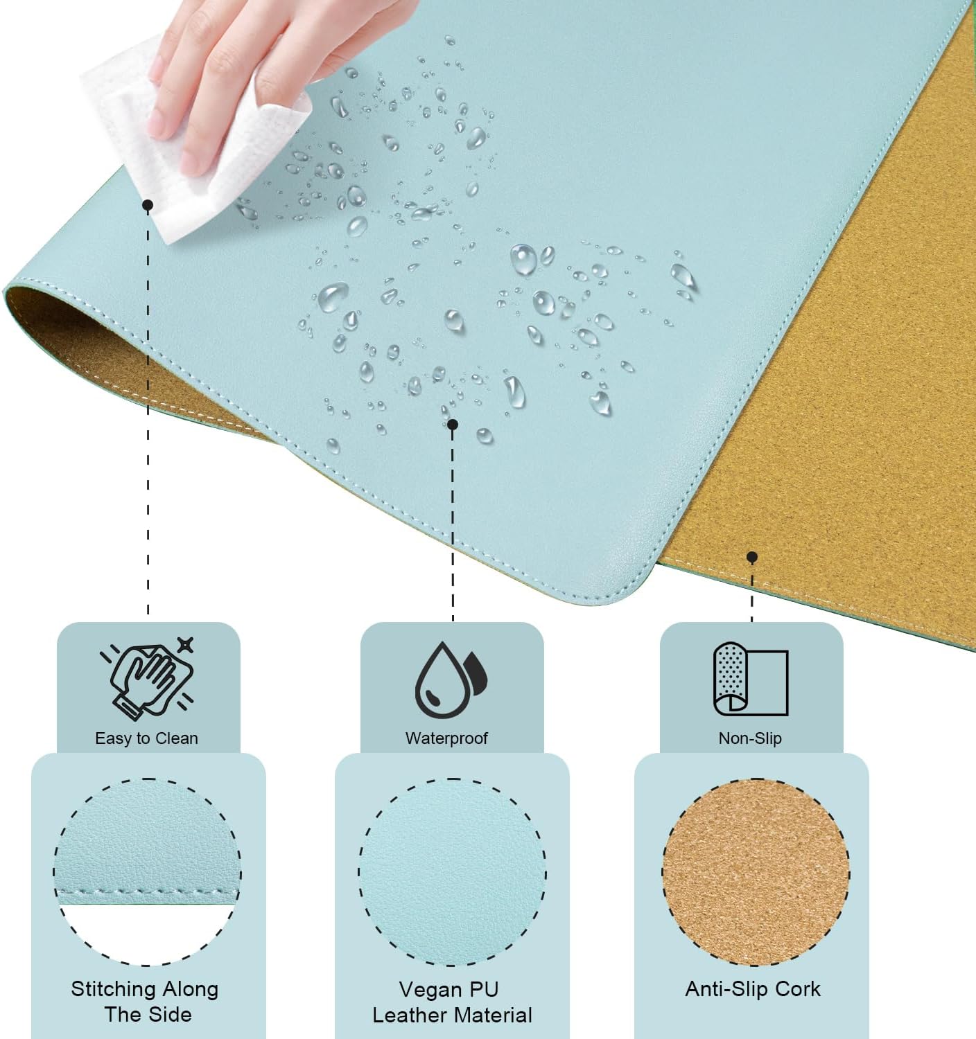 Non Slip Desk Mat, 31.5" x 15.7" PU Leather Desk Pad, Cork Desk Mat for Desktop, Desk Pad for Keyboard and Mouse, Ideal for Office and Home, Black