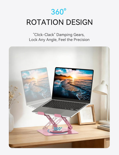 SOUNDANCE 360 Rotating Laptop Stand, Ergonomic Computer Riser for Desk, Adjustable Height Multi-Angle Metal Holder, Foldable Portable Notebook Elevating Base for Office & Home, White