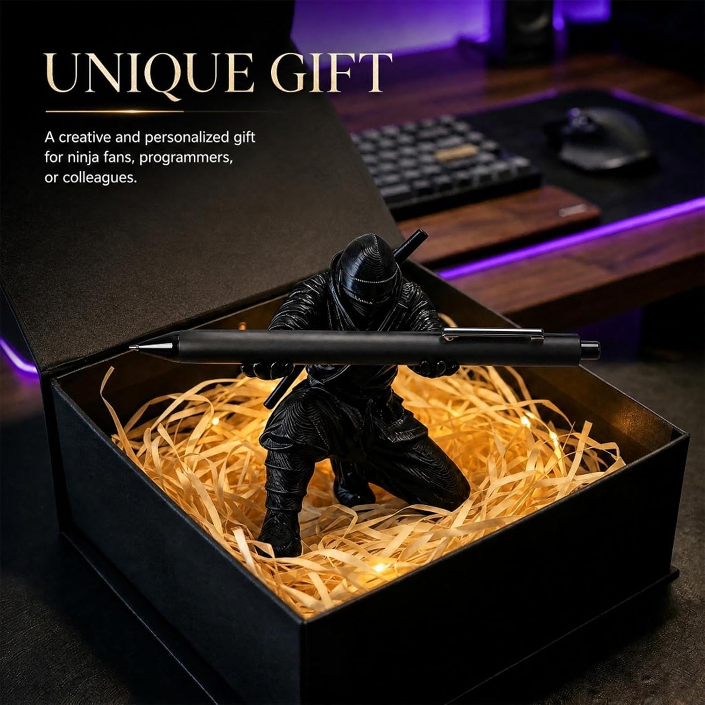 Ninja Pen Holder for Desk - Cool Samurai Figurine Pencil Stand & Office Decor, Gifts for Men