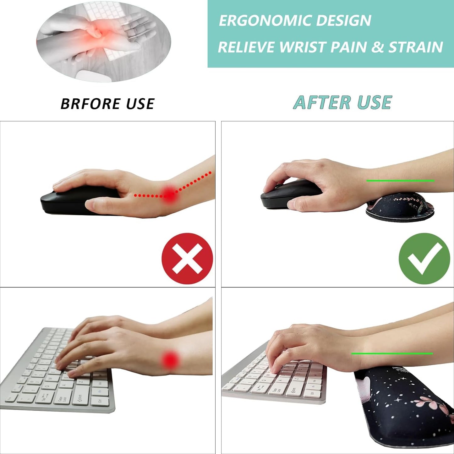 Keyboard Wrist Rest Mouse Wrist Support Set, Memory Foam Wrist Rest Pad for Computer Laptop Keyboard Mouse, Ergonomic Wrist Cushion Support for Typing Pain Relief, Gaming Home Office, Flowers Grass