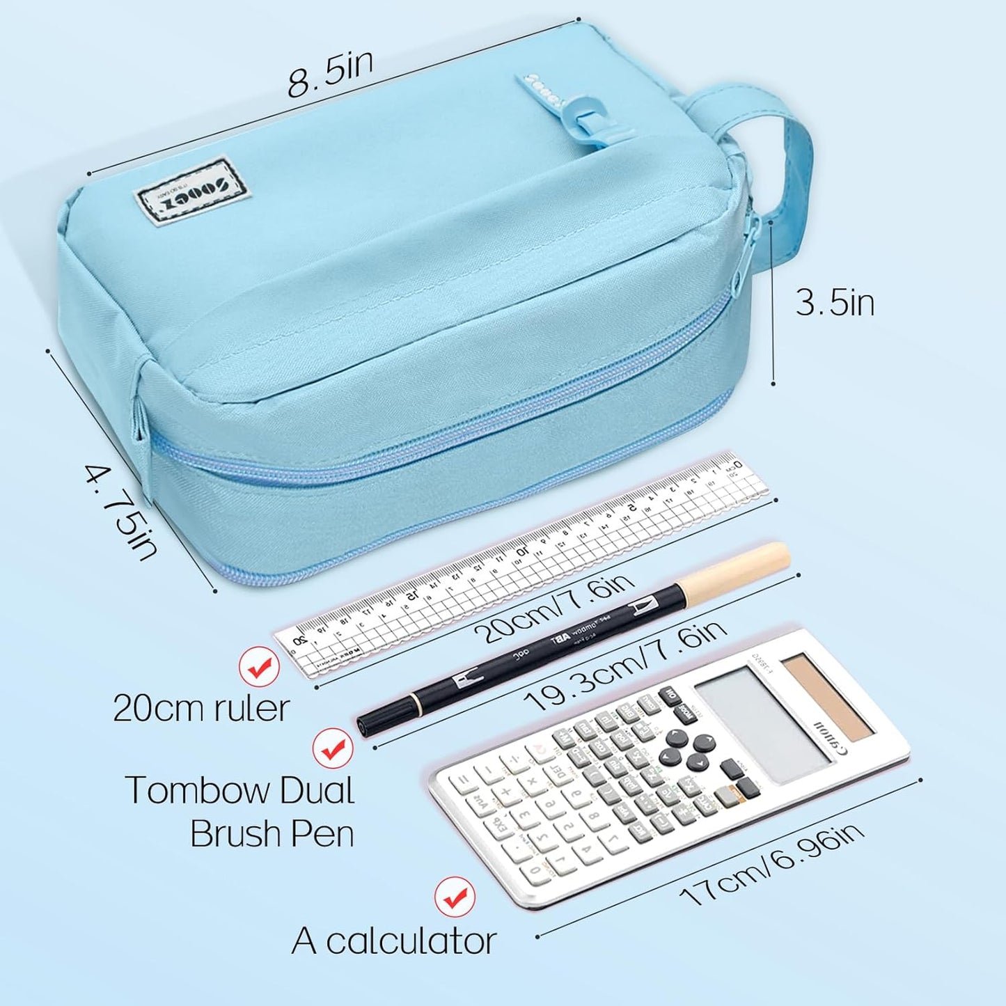 Sooez Original High Capacity Pencil Case, Big Pencil Bag Pouch Box Organizer Pen Case, Aesthetic Supply for Girls Adults, Portable Journaling Supplies with Easy Grip Handle & Loop, Mint Green
