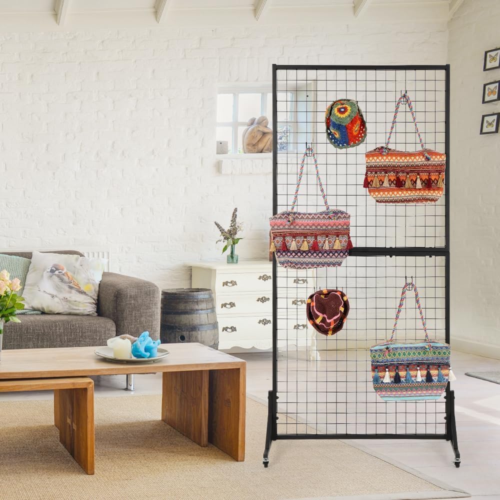 3 Packs 1.8' x 5.7' Grid Wall Panels Standing Wire Grid, Display Rack with T-Base Wheels Freestanding Gridwall Panel Tower for Shows, Black