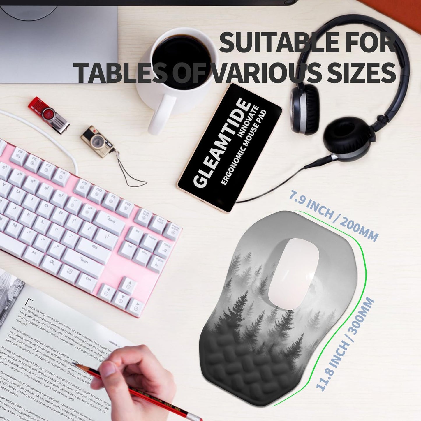 Ergonomic Raised Mouse Pad Wrist Support with Bilateral Slope Memory Foam Mousepad for Wrist Rest and Carpal Tunnel Pain Relief 11.8x7.9〃 Black