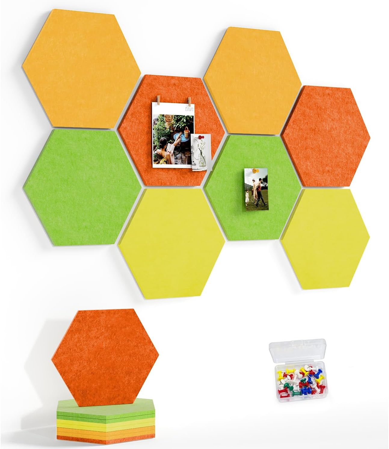 8 Pack Hexagon Felt Bulletin Board Tiles - 12" Large Thick Pin Board for Walls with 30 Push Pins, DIY Boards for Office Home School Decor, Aesthetic Hex Cork Board Alternative