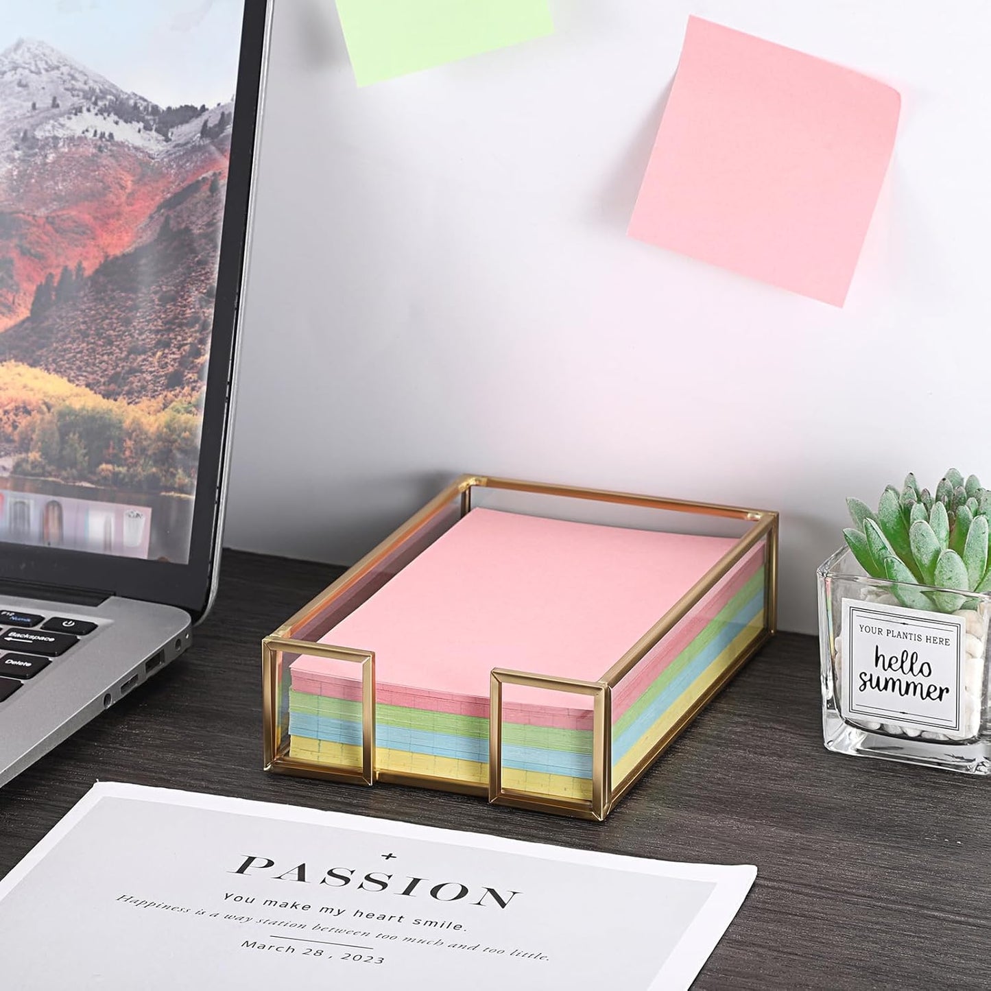 BTSKY Golden Glass Sticky Note Holder for 3x3 Inch Sticky Notes, Elegant Post It Note Dispenser with Non-Slip Pads Clear Notepad Holder for Desk Organization Planning, Home Office Decor