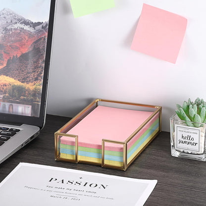 BTSKY Golden Glass Sticky Note Holder for 3x3 Inch Sticky Notes, Elegant Post It Note Dispenser with Non-Slip Pads Clear Notepad Holder for Desk Organization Planning, Home Office Decor