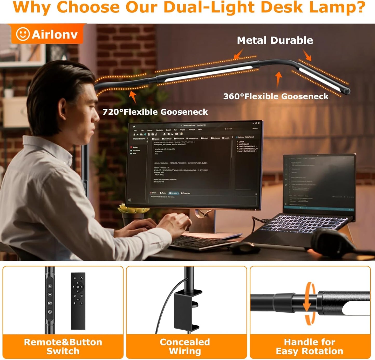 Airlonv LED Desk Lamp for Office Home, Eye-Caring Desk Light with Stepless Dimming Adjustable Flexible Gooseneck, 10W USB Adapter Desk Lamp with Clamp for Reading, Study, Workbench (Black)