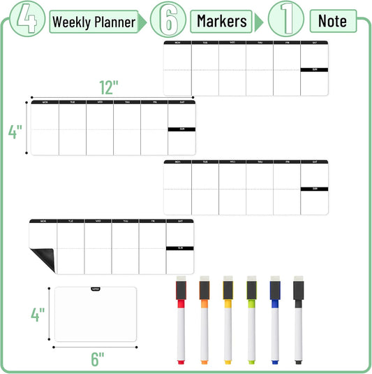 Mr. Pen- 4" x 12" Dry Erase Magnetic Weekly Planner for Fridge, 11 pcs, 4X Weekly Chore Chart, 6X Colorful Whiteboard Markers and 6" x 4" Magnetic Whiteboard Note