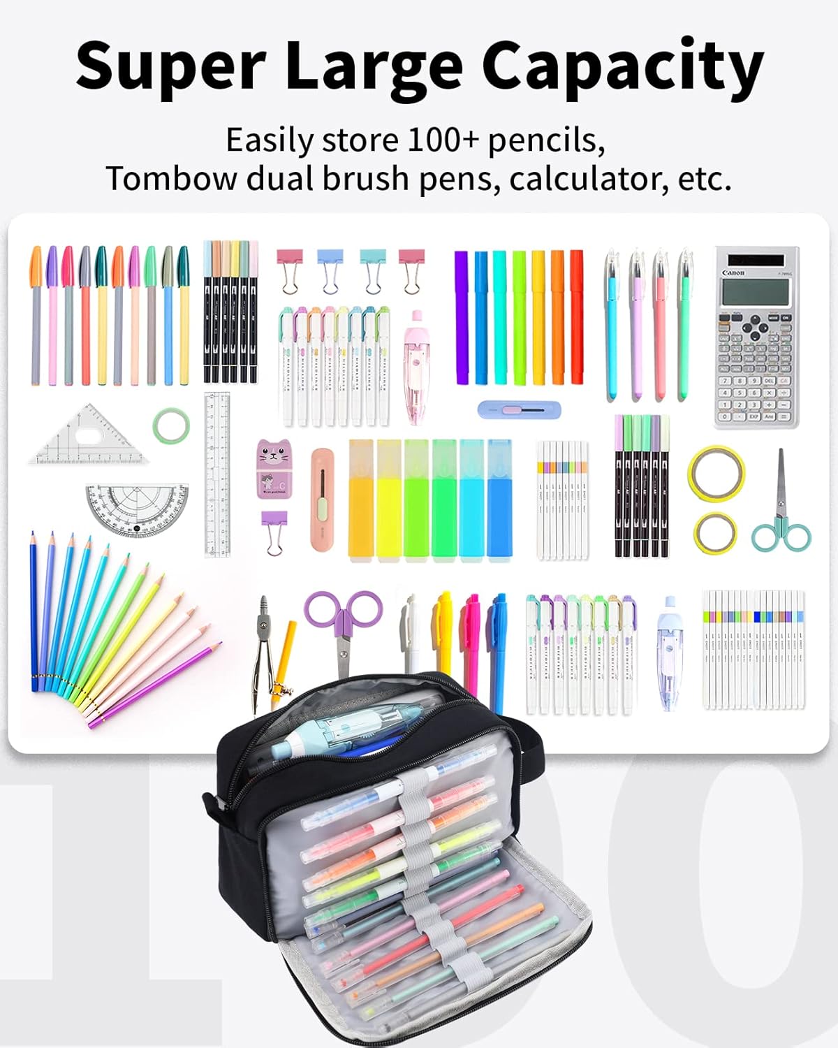 Sooez Original High Capacity Pencil Case, Big Pencil Bag Pouch Box Organizer Pen Case, Aesthetic Supply for Girls Adults, Portable Journaling Supplies with Easy Grip Handle & Loop, Mint Green