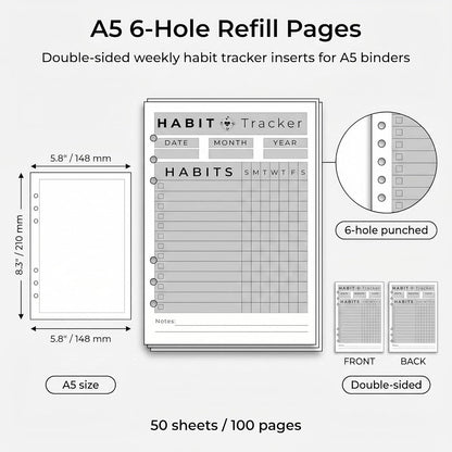 A5 Weekly Habit Tracker Inserts - Motivation & Rewards Pages for Weekly Goals and Consistency, Double-Sided 6-Hole Refill for A5 Binders, 50 Sheets, 100 Pages