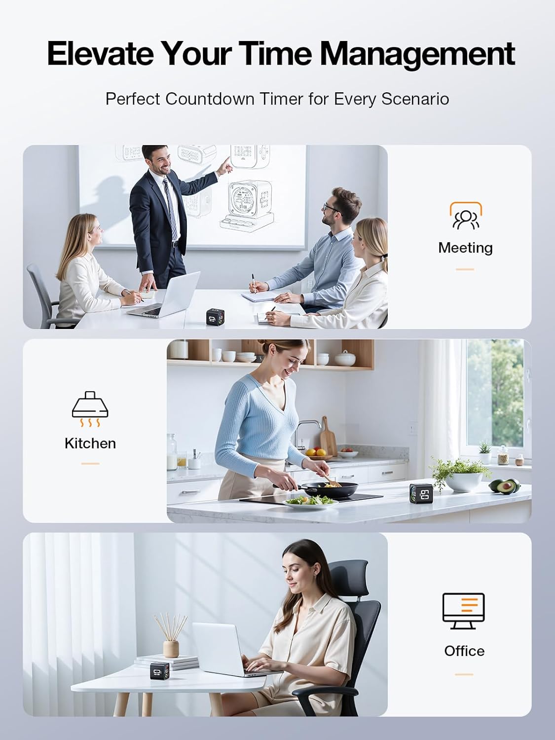 Ticktime TK3 Pomodoro Timer Cube, Productivity Timer, 5/10/30/60 Min Presets, Custom Countdown, Stopwatch & Clock, Triple Alarms, Silent/Vibration/Sound Alerts, Rechargeable for ADHD Study Task, Black