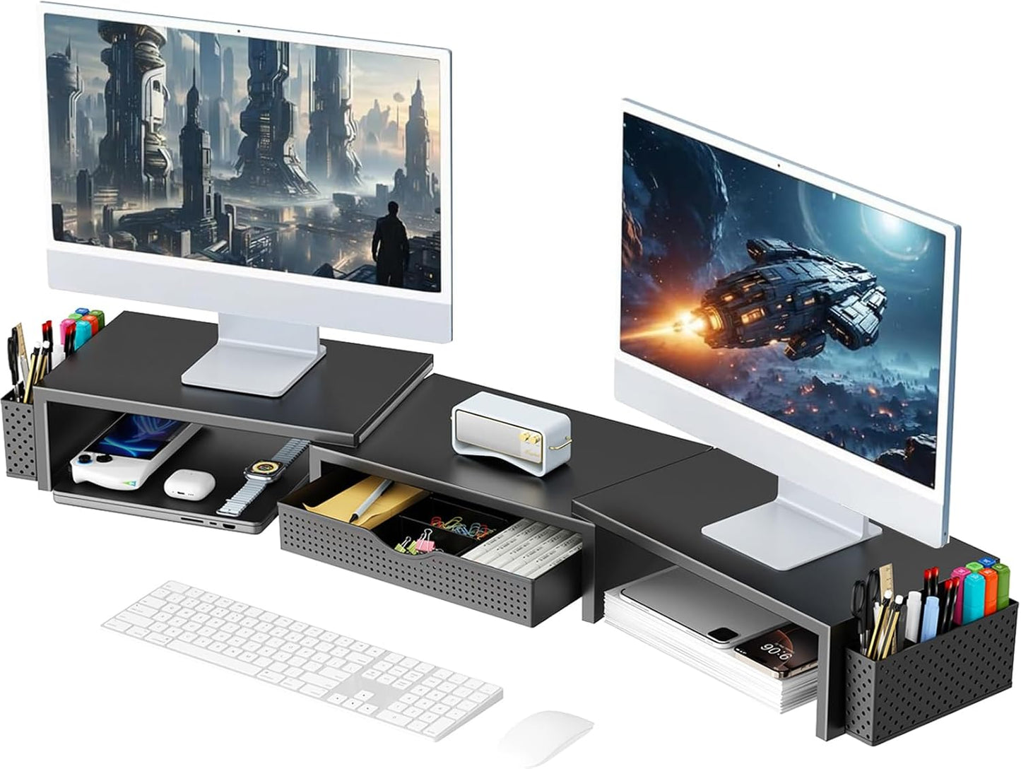 gianotter Dual Monitor Stand Riser, Desk Organizer With Drawer and 2 Pen Holders,Computer Monitor Stand, Desk Shelf for Top of Desk, Wood
