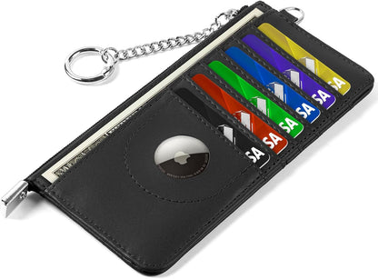 RFID Blocking Slim Credit Card Holder Wallet with Zipper Money Pocket & Keychain, Slim Airtag Wallet for Men Women