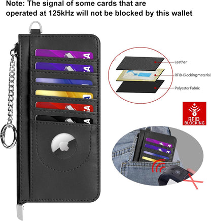 RFID Blocking Slim Credit Card Holder Wallet with Zipper Money Pocket & Keychain, Slim Airtag Wallet for Men Women