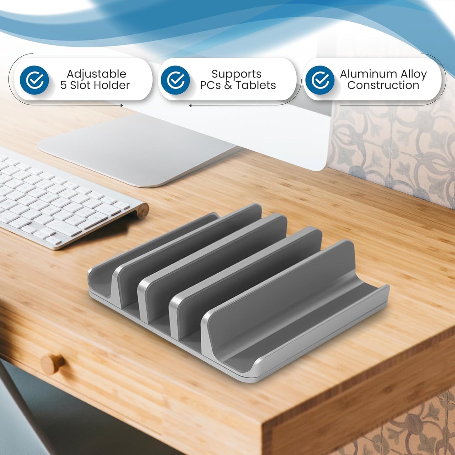 Elestoria 5- Slot Vertical Laptop Stand - Aluminum Laptop Stand Vertical for Desk - Fits MacBook Pro/Air, Surface, Mobiles & Gaming Laptops up to 17.3" - Heavy Duty Laptop Holder for Desk - (Silver)