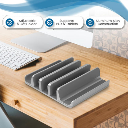 Elestoria 5- Slot Vertical Laptop Stand - Aluminum Laptop Stand Vertical for Desk - Fits MacBook Pro/Air, Surface, Mobiles & Gaming Laptops up to 17.3" - Heavy Duty Laptop Holder for Desk - (Silver)