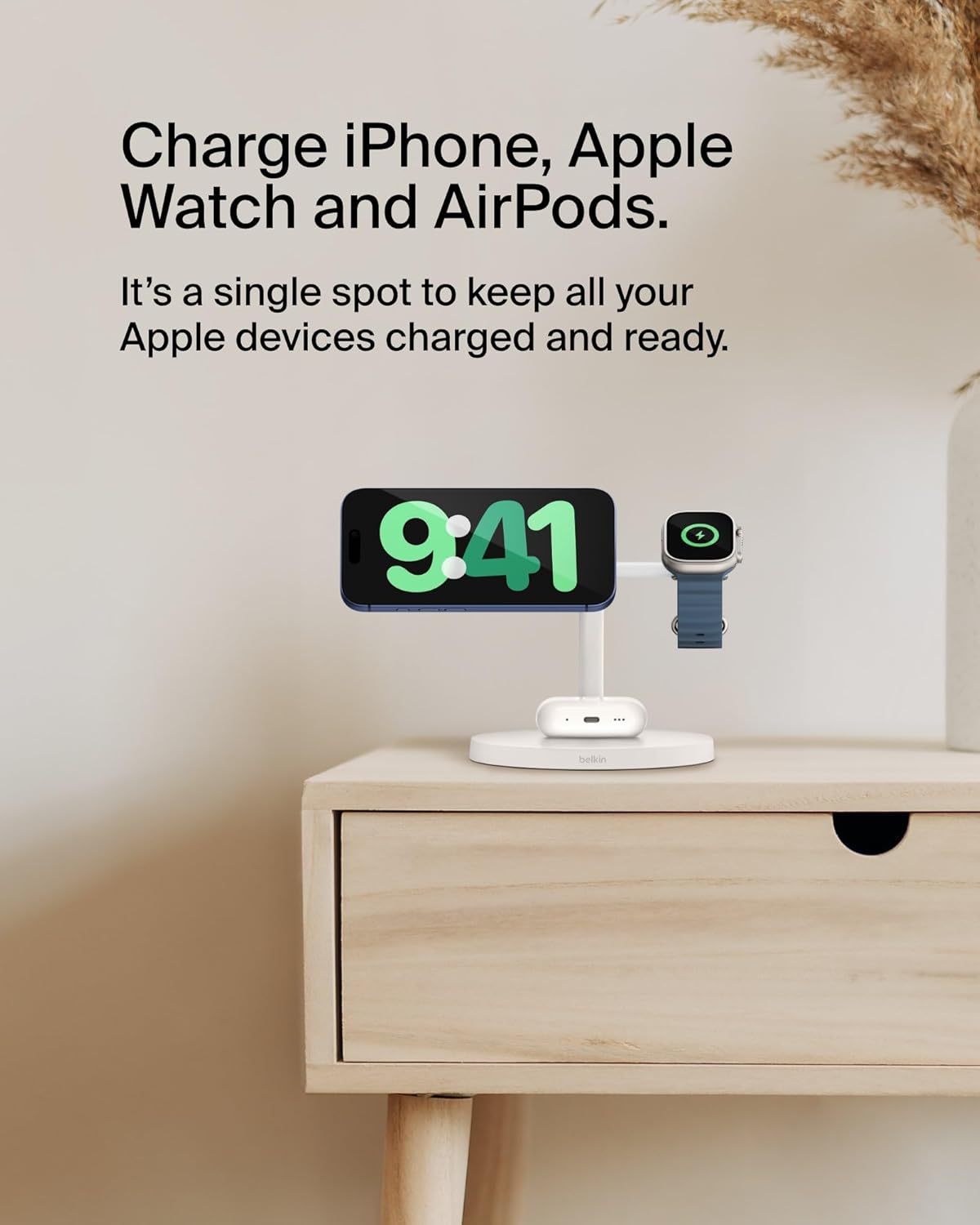 Belkin MagSafe-Compatible iPhone Charger, 3-in-1 Wireless Charging Station, Qi2-Certified 15W Wireless Charge for Apple iPhone 17 Series, Apple Watch, AirPods w/Non-Slip Base, 40W Included - Black