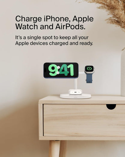 Belkin MagSafe-Compatible iPhone Charger, 3-in-1 Wireless Charging Station, Qi2-Certified 15W Wireless Charge for Apple iPhone 17 Series, Apple Watch, AirPods w/Non-Slip Base, 40W Included - Black
