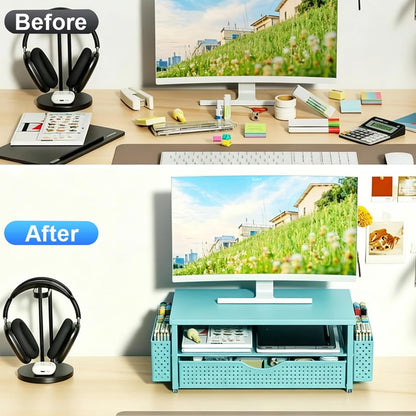 Spacrea Desk Organizer and Accessories, Computer Monitor Stand Riser with Drawer and 2 Pen Holders, Office Desk Accessories & Workspace Organizers for Office Supplies (Wood)