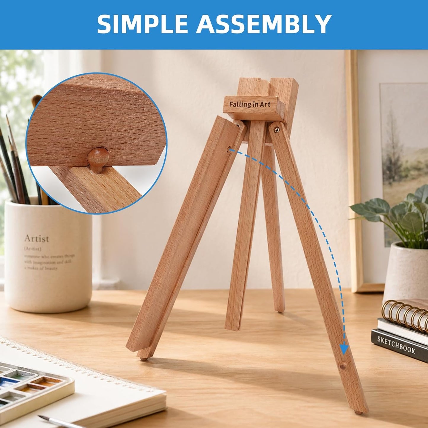 Falling in Art Beechwood 25" Tabletop Easel Display Stand for Painting - Holding Canvas Up to 22 1/2 Inches High, A-Frame Artist Tripod with Rubber Feet, Portable Photo and Sign Holder